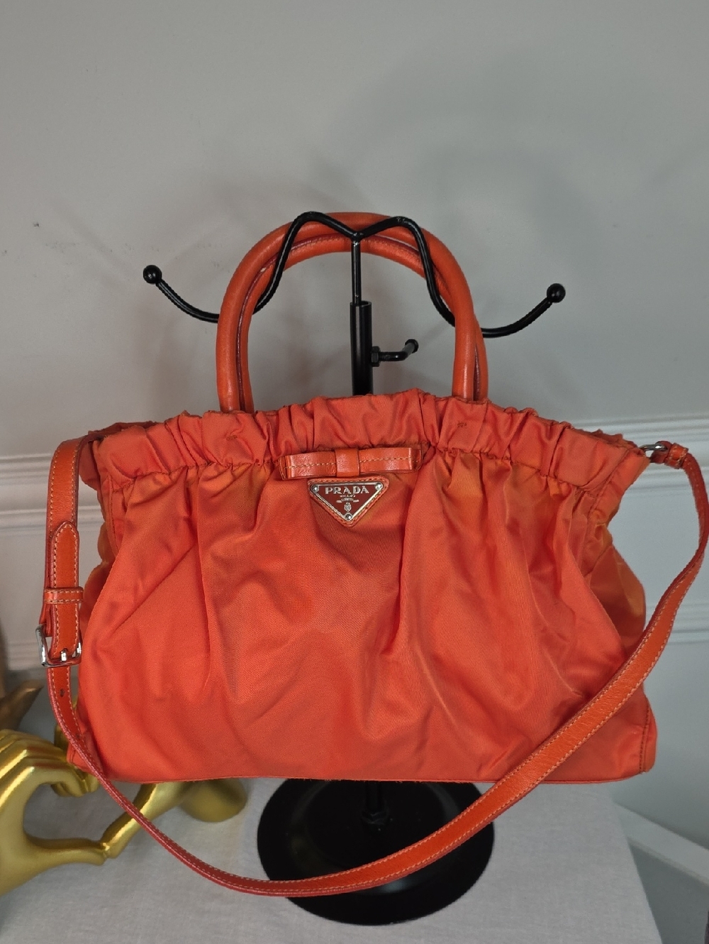 Prada Ruched Nylon Shoulder Bag in Papaya orange